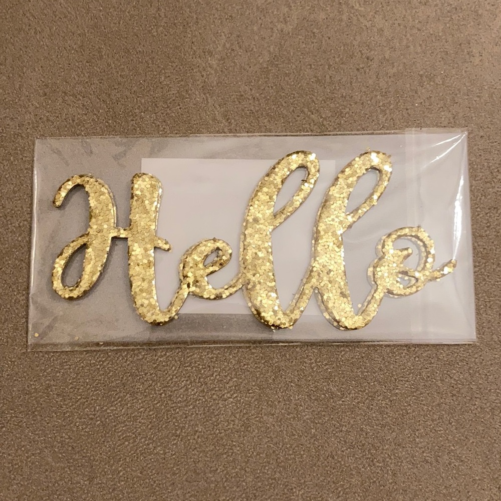 NEW 2 PC Gold Sequin Glitter Words - Hello